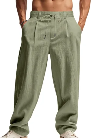 Mens Linen Pants Fashion Simple Drawstring Waist Pants Wide Leg Yoga Trouser Outdoor Breathable Comfy Travel Trousers