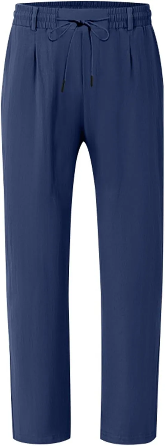 Mens Linen Pants Fashion Simple Drawstring Waist Pants Wide Leg Yoga Trouser Outdoor Breathable Comfy Travel Trousers
