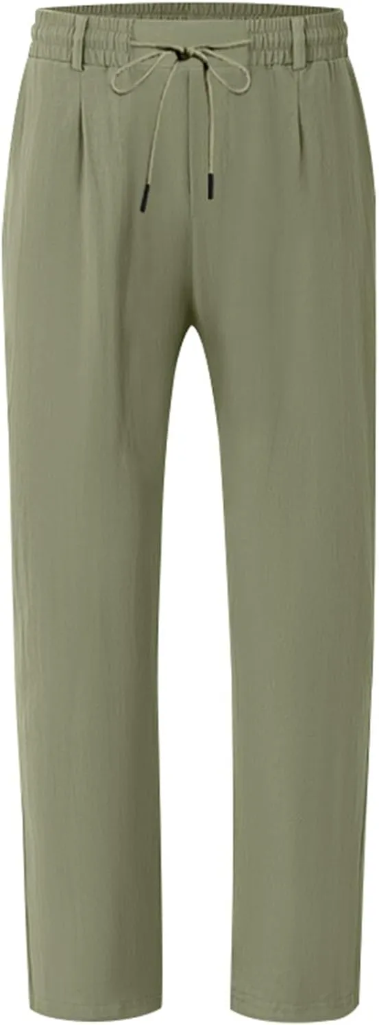 Mens Linen Pants Fashion Simple Drawstring Waist Pants Wide Leg Yoga Trouser Outdoor Breathable Comfy Travel Trousers