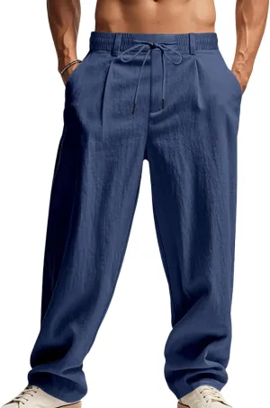 Mens Linen Pants Fashion Simple Drawstring Waist Pants Wide Leg Yoga Trouser Outdoor Breathable Comfy Travel Trousers