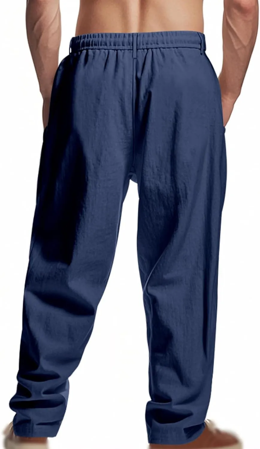 Mens Linen Pants Fashion Simple Drawstring Waist Pants Wide Leg Yoga Trouser Outdoor Breathable Comfy Travel Trousers