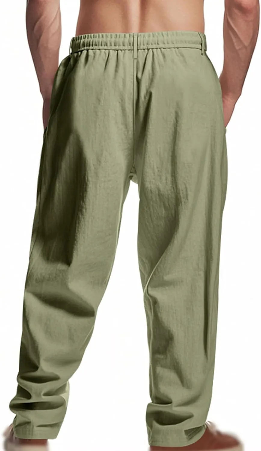 Mens Linen Pants Fashion Simple Drawstring Waist Pants Wide Leg Yoga Trouser Outdoor Breathable Comfy Travel Trousers