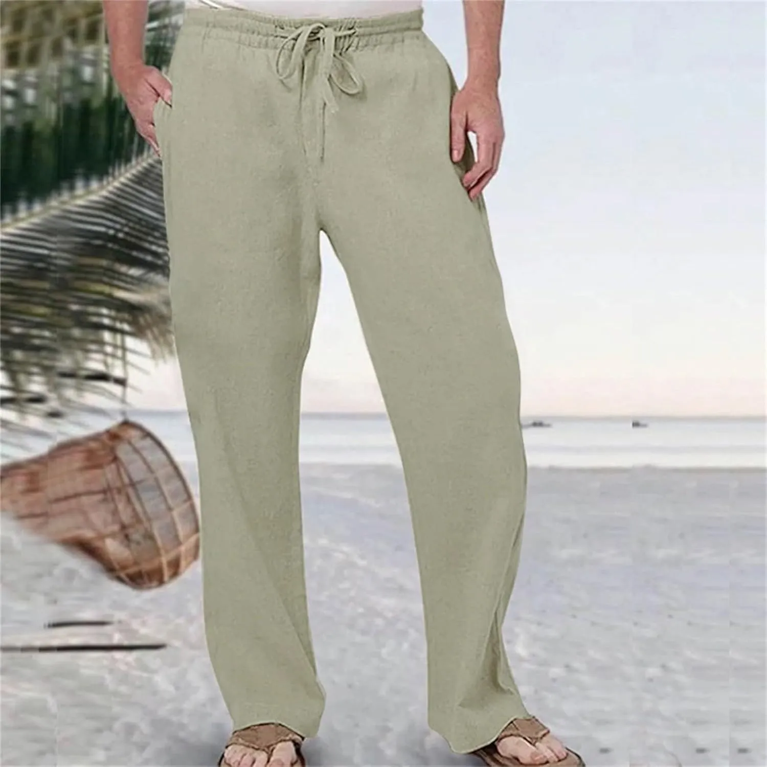 Men's Linen Pants Wide Straight Leg Joggers Regular Fit Pants Outdoor Hiking Trousers Summer Beach Yoga Pant