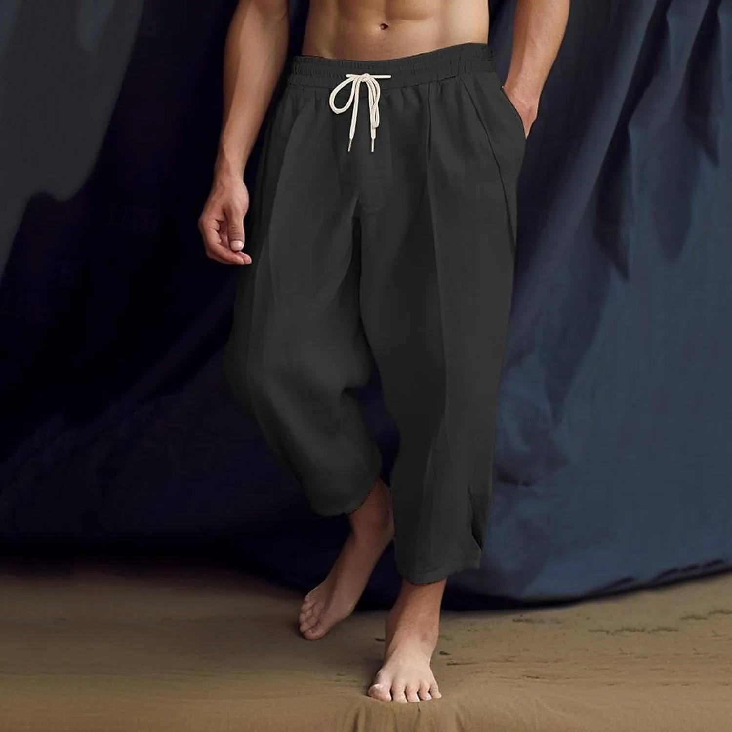 Men's Linen Summer Beach Pants Baggy Straight Leg Joggers Loose Fit Business Pant Outdoor Hiking Trousers