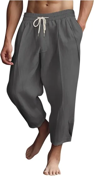 Men's Linen Summer Beach Pants Baggy Straight Leg Joggers Loose Fit Business Pant Outdoor Hiking Trousers