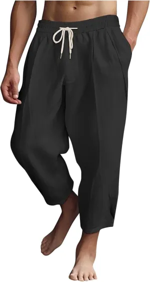 Men's Linen Summer Beach Pants Baggy Straight Leg Joggers Loose Fit Business Pant Outdoor Hiking Trousers