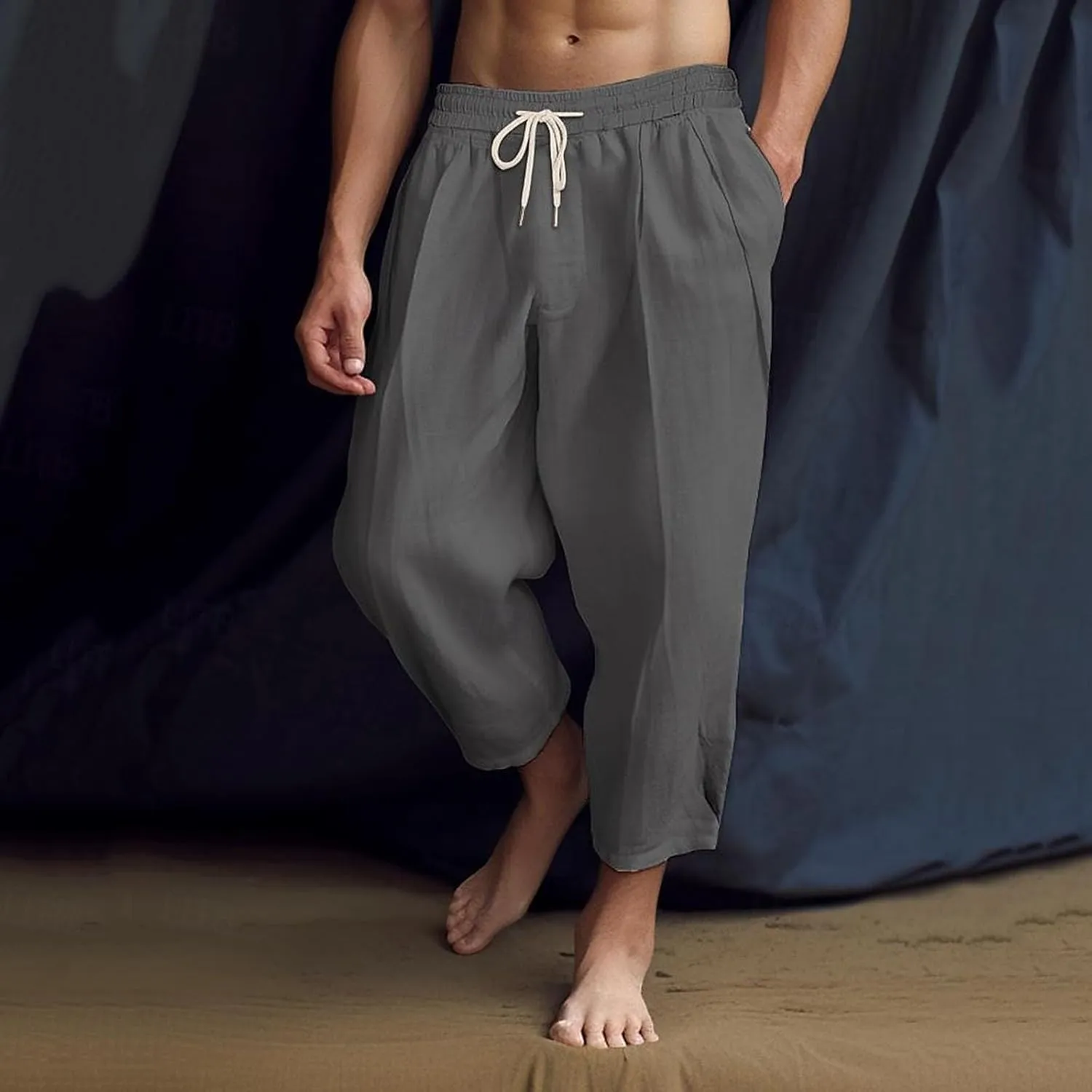 Men's Linen Summer Beach Pants Baggy Straight Leg Joggers Loose Fit Business Pant Outdoor Hiking Trousers