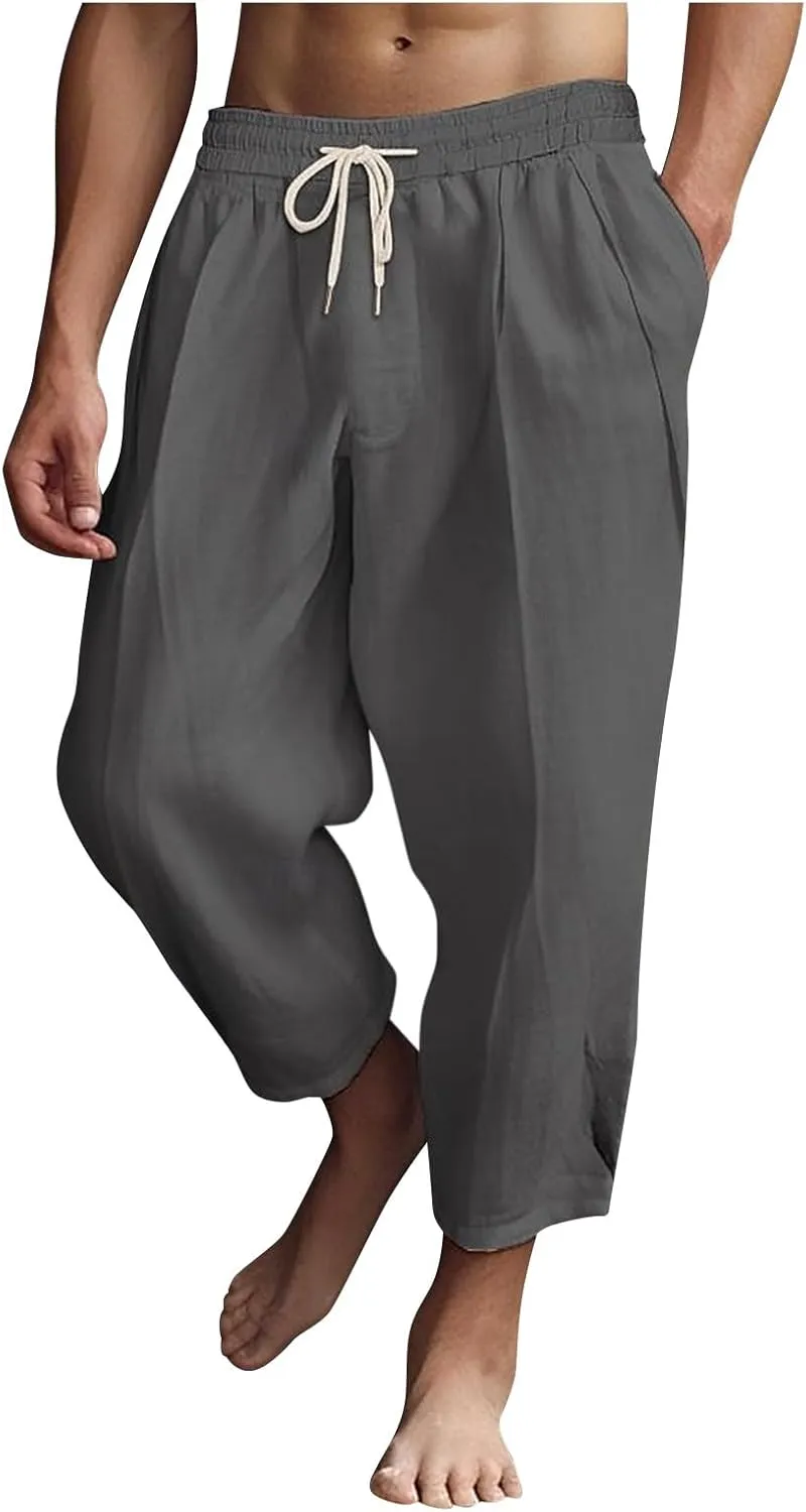 Men's Linen Summer Beach Pants Baggy Straight Leg Joggers Loose Fit Business Pant Outdoor Hiking Trousers