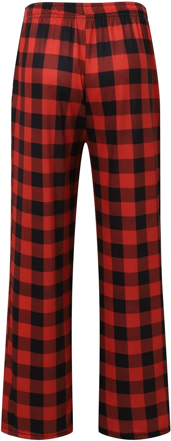 Mens Pajama Pants Wide-Legged Plaid Printed Drawstring Pockets Casual Pants Fall and Winter Sleepwear Pants