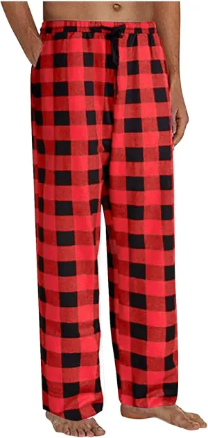 Mens Pajamas Pants Red and Black Plaid Pajama Pants Lightweight Flannel Loose Fit Christmas Pajama Pants with Pockets