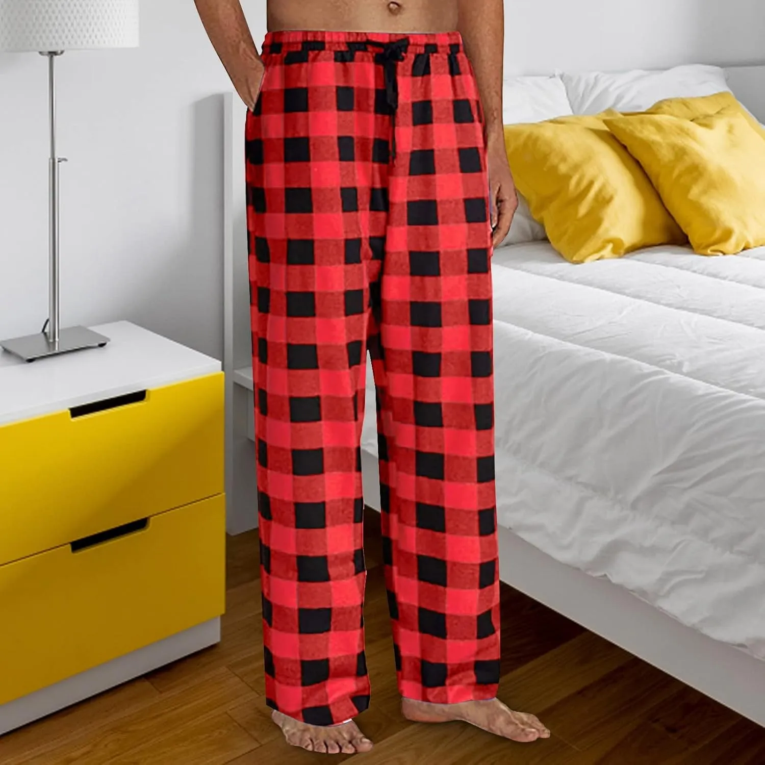 Mens Pajamas Pants Red and Black Plaid Pajama Pants Lightweight Flannel Loose Fit Christmas Pajama Pants with Pockets