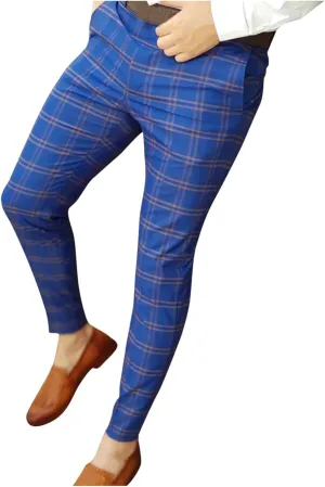 Mens Plaid Chino Pants Skinny Slim Fit Stretchy Checkered Striped Business Casual Dress Pants Straight Tapered Trousers Blue
