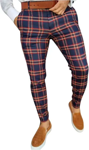 Mens Plaid Chino Pants Skinny Slim Fit Stretchy Checkered Striped Business Casual Dress Pants Straight Tapered Trousers Navy