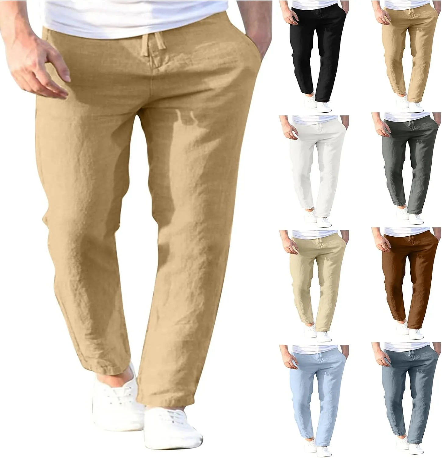 Men's Slim-Fit Slacks Drawstring Linen Pants Drawstring Linen Pants for Beach Yoga Workout Breathable Summer Pants