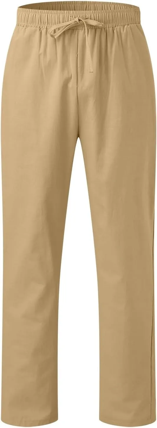Men's Slim-Fit Slacks Drawstring Linen Pants Drawstring Linen Pants for Beach Yoga Workout Breathable Summer Pants