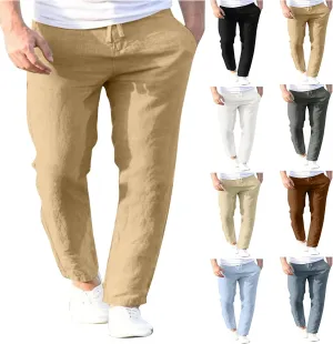 Men's Slim-Fit Slacks Drawstring Linen Pants Drawstring Linen Pants for Beach Yoga Workout Breathable Summer Pants