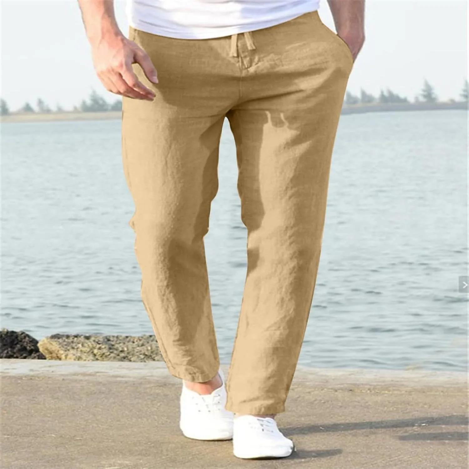 Men's Slim-Fit Slacks Drawstring Linen Pants Drawstring Linen Pants for Beach Yoga Workout Breathable Summer Pants
