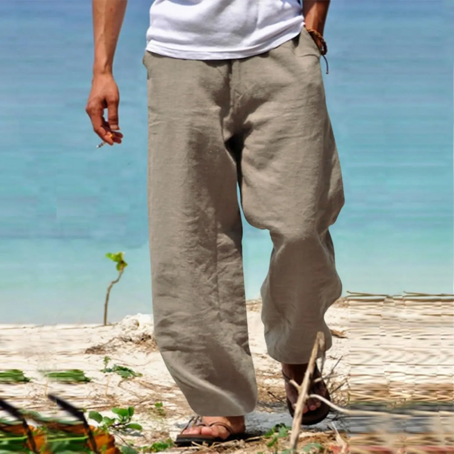 Mens Spring Cotton Linen Pants Multi Pockets Straight Pant Summer Solid Casual Loose Trousers Beach Vacation Clothing