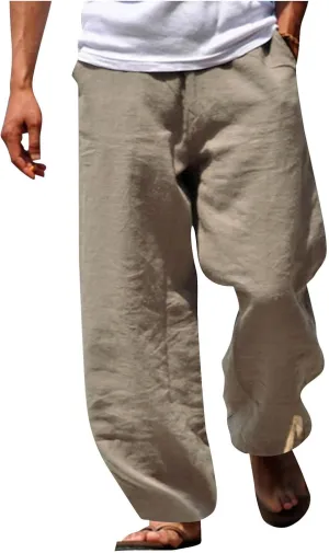 Mens Spring Cotton Linen Pants Multi Pockets Straight Pant Summer Solid Casual Loose Trousers Beach Vacation Clothing