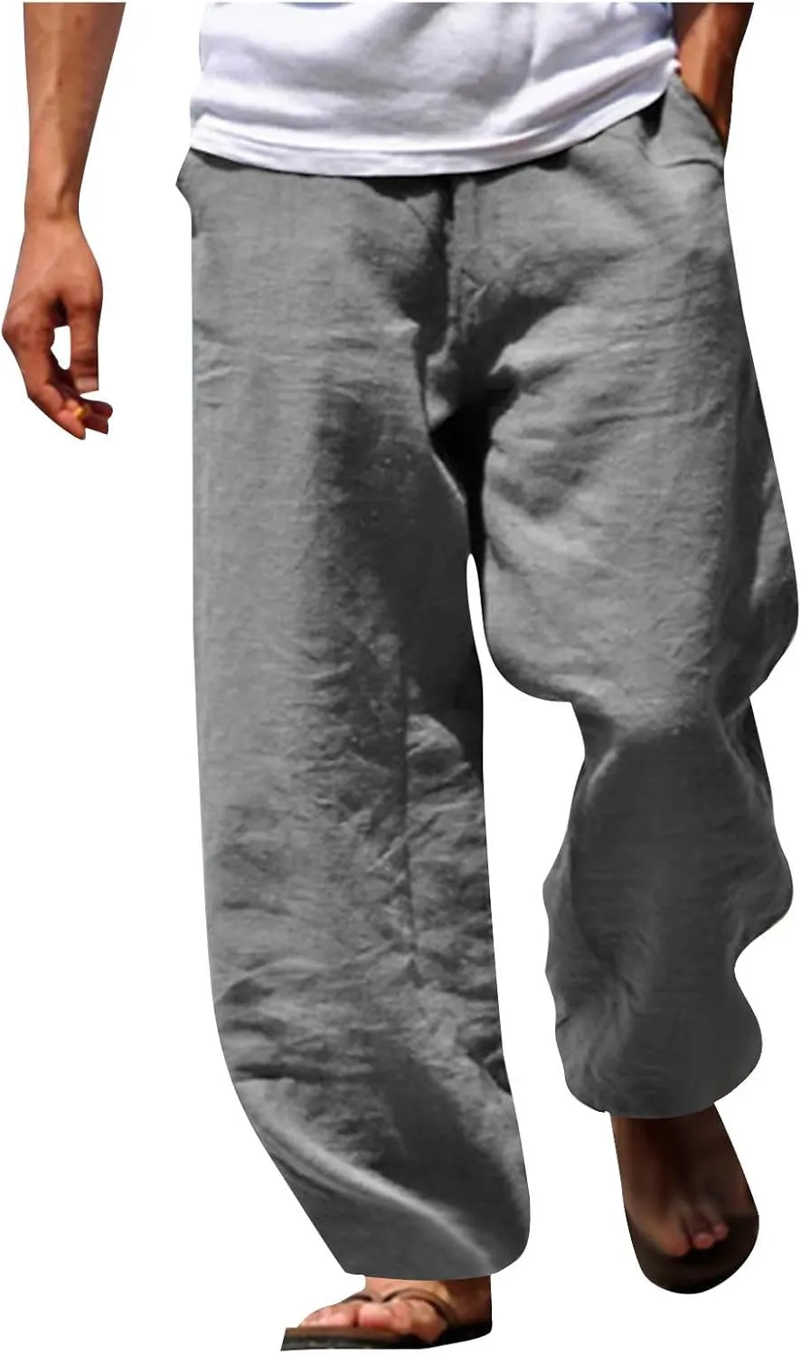 Mens Spring Cotton Linen Pants Multi Pockets Straight Pant Summer Solid Casual Loose Trousers Beach Vacation Clothing