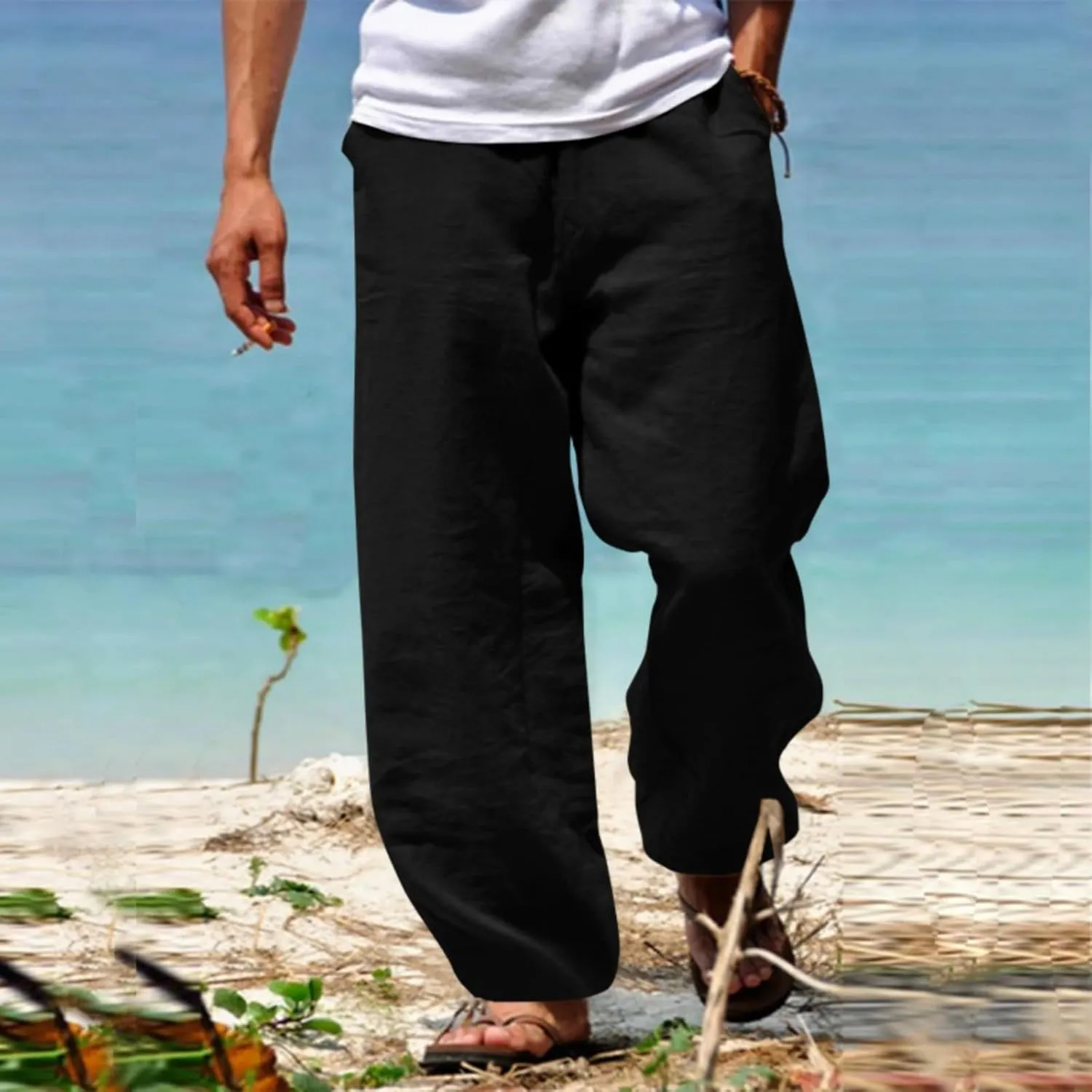 Mens Spring Cotton Linen Pants Multi Pockets Straight Pant Summer Solid Casual Loose Trousers Beach Vacation Clothing
