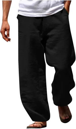 Mens Spring Cotton Linen Pants Multi Pockets Straight Pant Summer Solid Casual Loose Trousers Beach Vacation Clothing