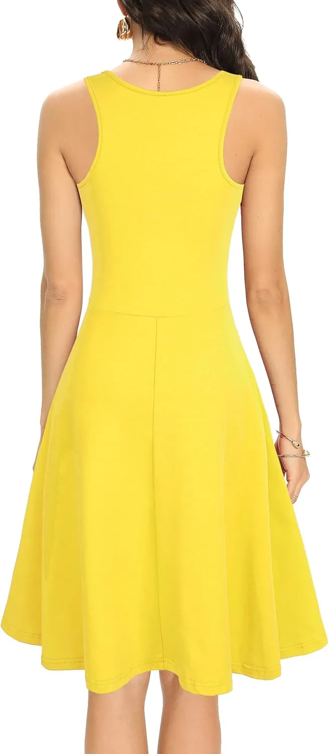 Missufe Women's Sleeveless Racerback Flared Casual Plain Tank Dress