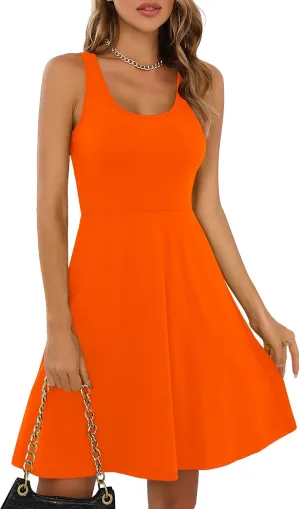 Missufe Women's Sleeveless Racerback Flared Casual Plain Tank Dress