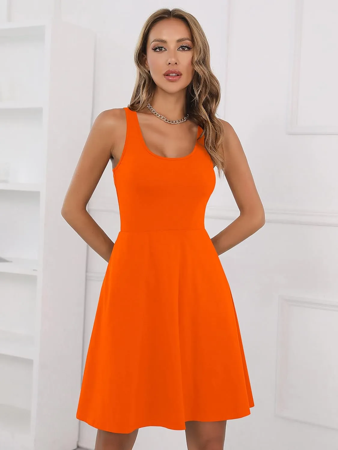 Missufe Women's Sleeveless Racerback Flared Casual Plain Tank Dress