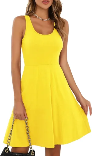 Missufe Women's Sleeveless Racerback Flared Casual Plain Tank Dress