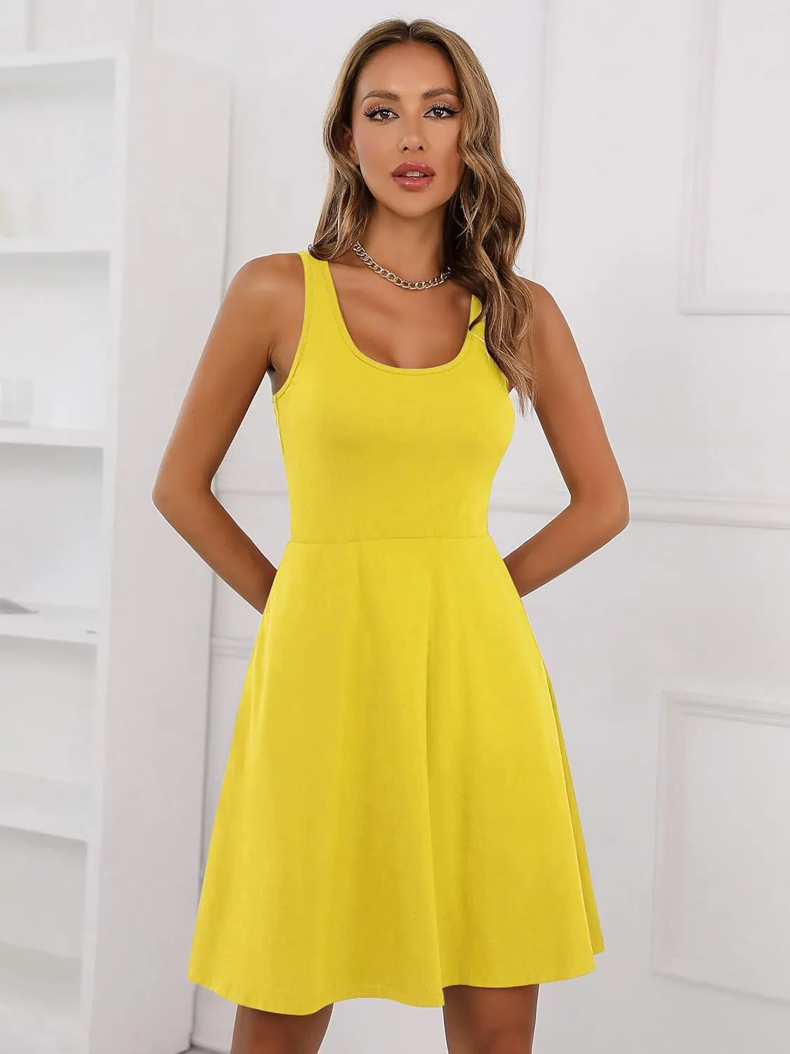 Missufe Women's Sleeveless Racerback Flared Casual Plain Tank Dress