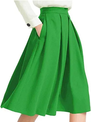 Moonight Women's High Waist Pleated Flared Midi Skirts with Pockets