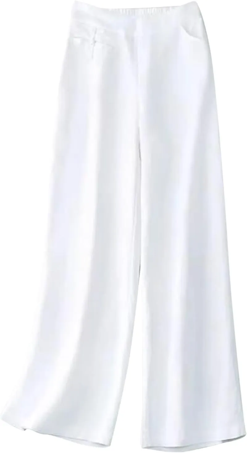 NATHGAM Linen Pants for Women Summer, Elastic High Waisted Straight Trousers Loose Sweat Wide Leg Pants Casual Beach Pants
