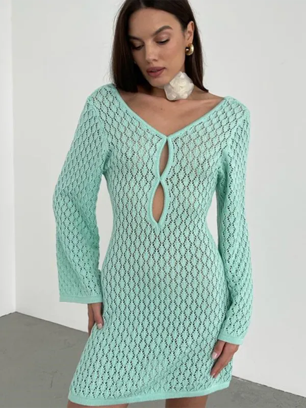 New beach dress solid color sexy knitted hollow bikini swimsuit cover up sun protection clothing