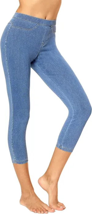 No Nonsense Women's Classic Denim Capri Leggings with Pockets, Comfortable Stretch Pull on Pants