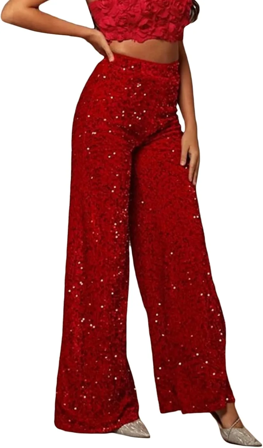 NUFIWI Sequin Bell Bottom Pants for Women High Waist Glitter Wide Leg Pants Sparkle Flared Trousers Disco Clubwear