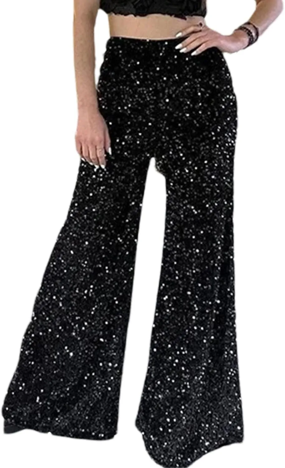 NUFIWI Sequin Bell Bottom Pants for Women High Waist Glitter Wide Leg Pants Sparkle Flared Trousers Disco Clubwear