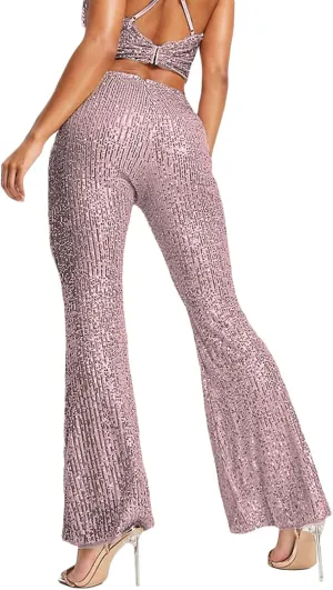 NUFIWI Sequin Bell Bottom Pants for Women High Waist Glitter Wide Leg Pants Sparkle Flared Trousers Disco Clubwear