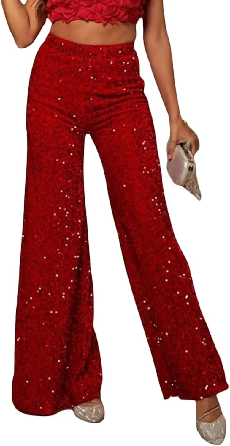 NUFIWI Sequin Bell Bottom Pants for Women High Waist Glitter Wide Leg Pants Sparkle Flared Trousers Disco Clubwear