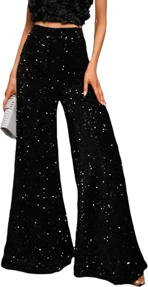 NUFIWI Sequin Bell Bottom Pants for Women High Waist Glitter Wide Leg Pants Sparkle Flared Trousers Disco Clubwear