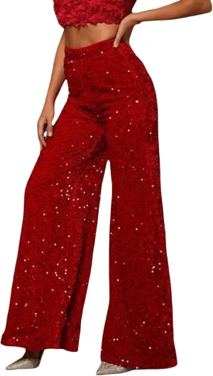 NUFIWI Sequin Bell Bottom Pants for Women High Waist Glitter Wide Leg Pants Sparkle Flared Trousers Disco Clubwear