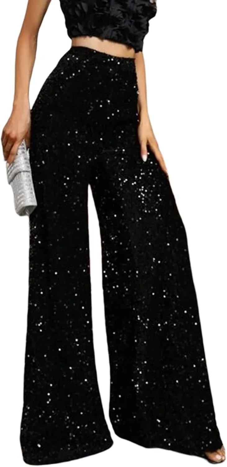 NUFIWI Sequin Bell Bottom Pants for Women High Waist Glitter Wide Leg Pants Sparkle Flared Trousers Disco Clubwear