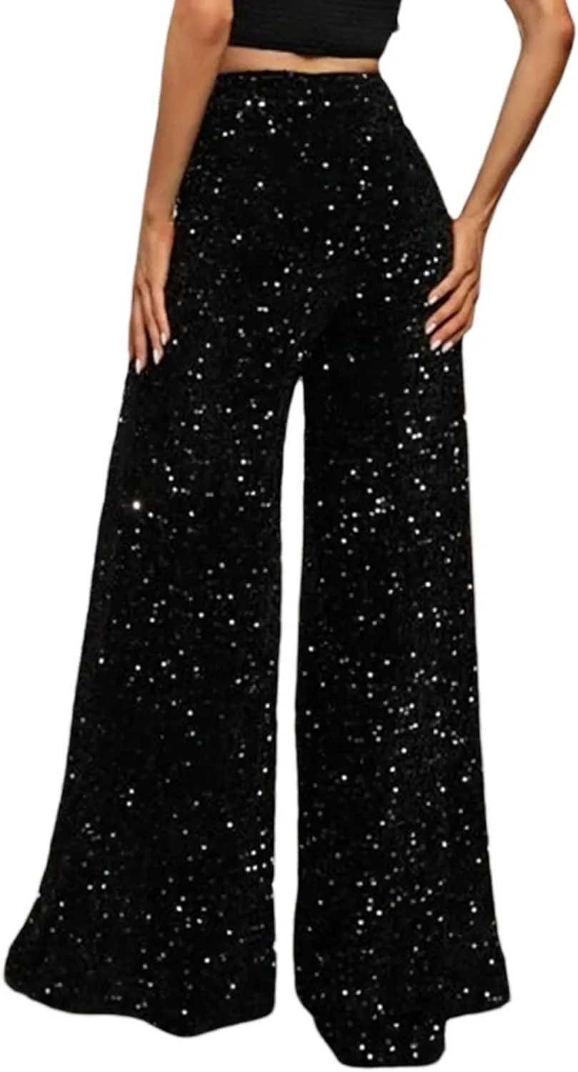 NUFIWI Sequin Bell Bottom Pants for Women High Waist Glitter Wide Leg Pants Sparkle Flared Trousers Disco Clubwear