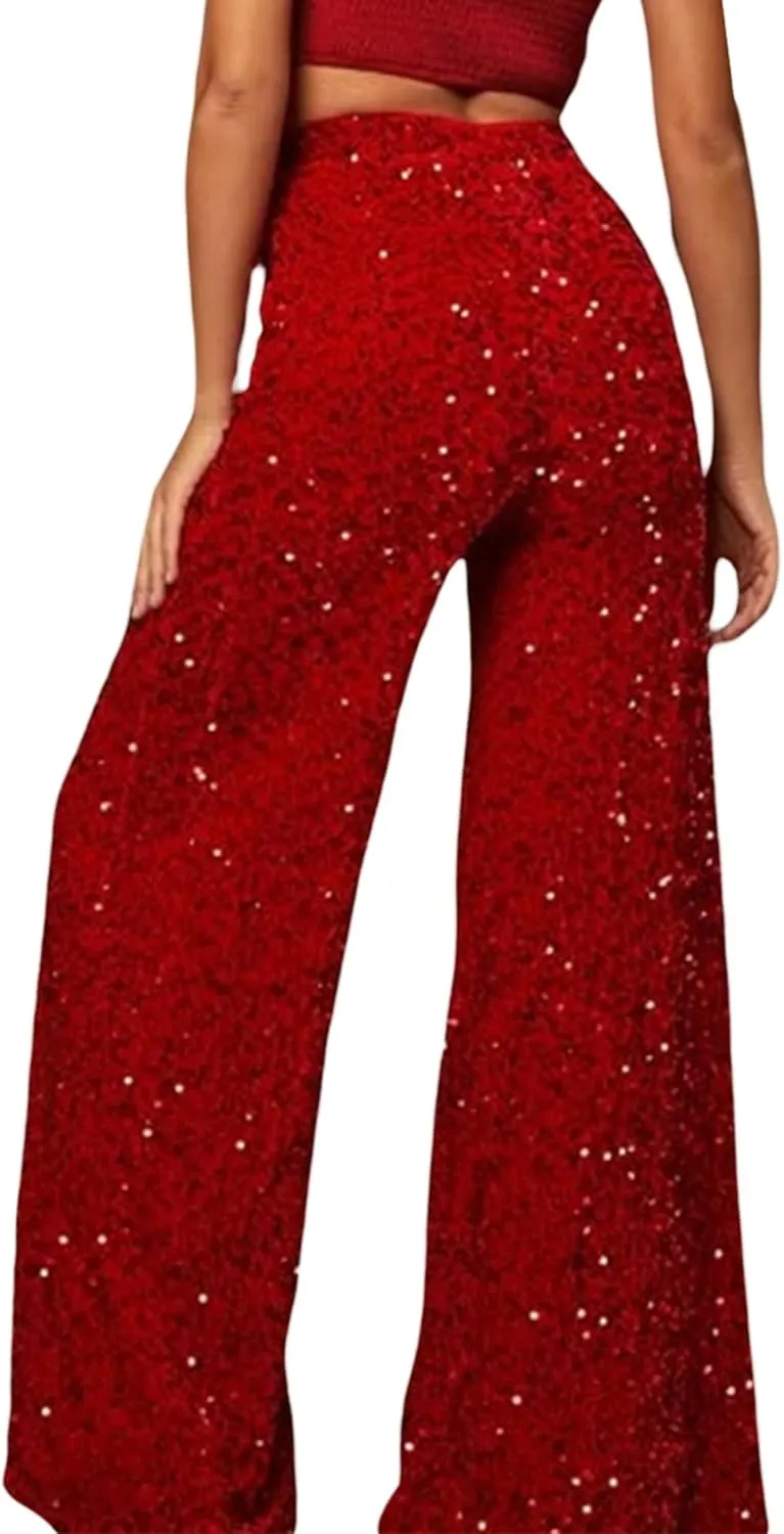 NUFIWI Sequin Bell Bottom Pants for Women High Waist Glitter Wide Leg Pants Sparkle Flared Trousers Disco Clubwear