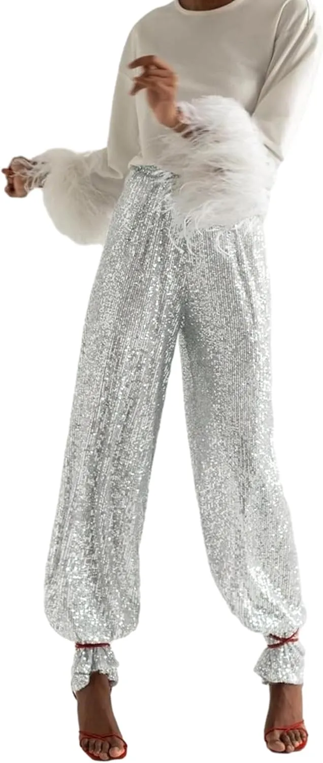 NUFIWI Women Sequin Glitter High Waist Pants Sparkly Shiny Bell Bottom Pants Elastic Loose Flare Bling Trousers