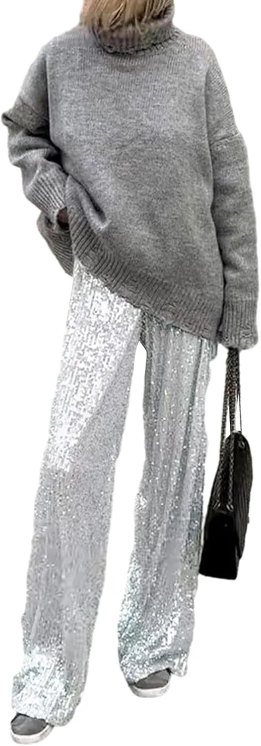 NUFIWI Women Sequin Glitter High Waist Pants Sparkly Shiny Bell Bottom Pants Elastic Loose Flare Bling Trousers