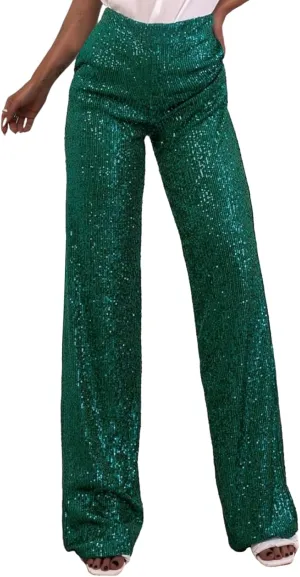 NUFIWI Women Sequin Glitter High Waist Pants Sparkly Shiny Bell Bottom Pants Elastic Loose Flare Bling Trousers