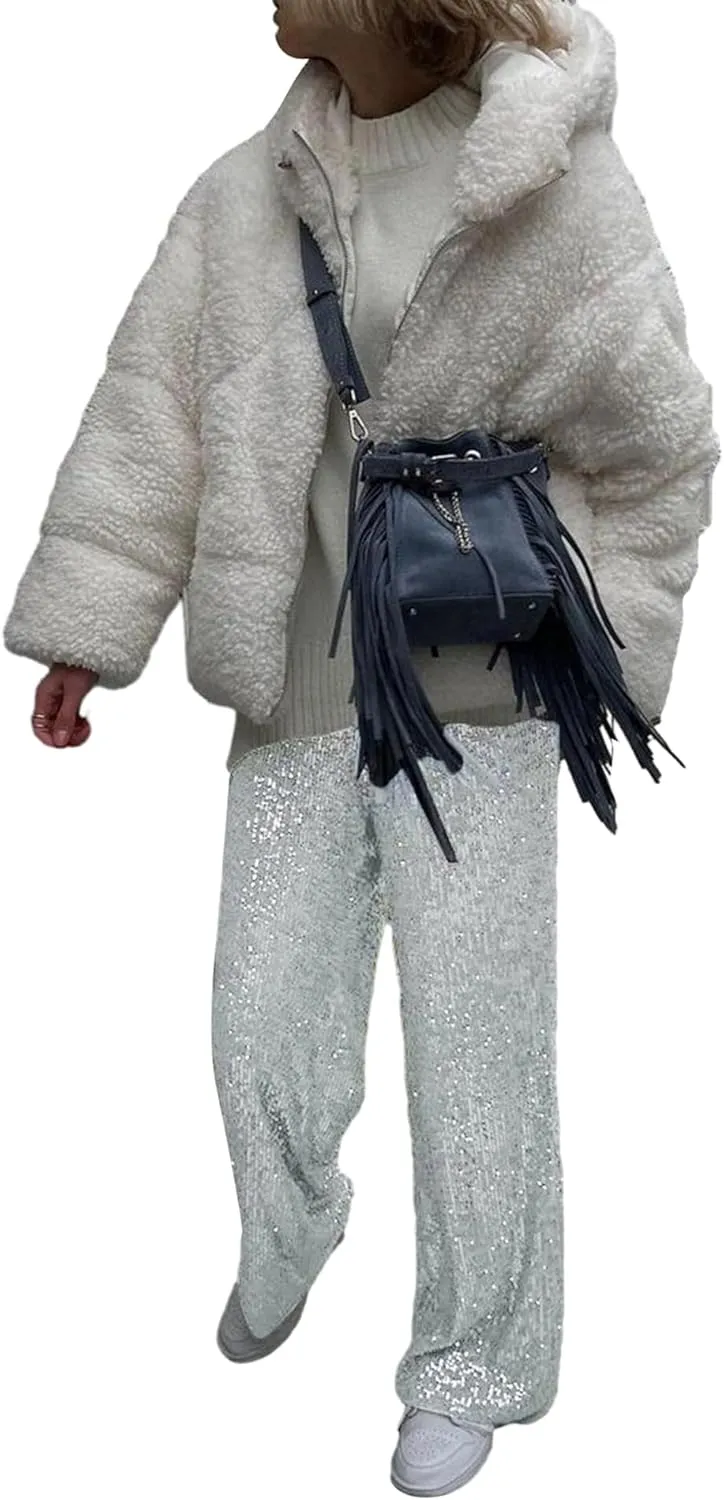NUFIWI Women Sequin Glitter High Waist Pants Sparkly Shiny Bell Bottom Pants Elastic Loose Flare Bling Trousers