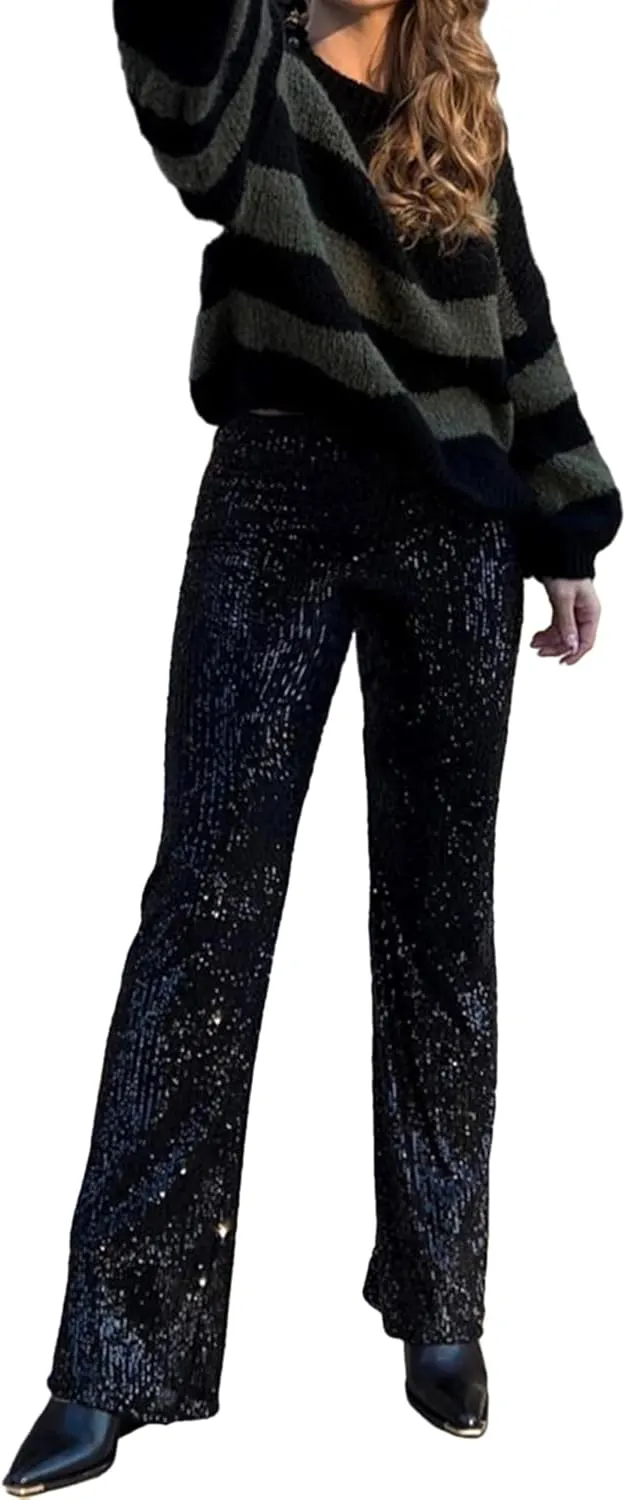 NUFIWI Women Sequin Glitter High Waist Pants Sparkly Shiny Bell Bottom Pants Elastic Loose Flare Bling Trousers