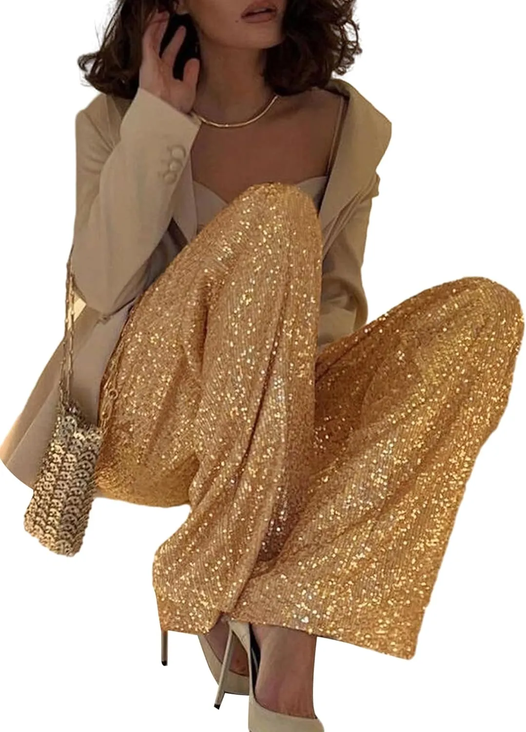 NUFIWI Women Sequin Glitter High Waist Pants Sparkly Shiny Bell Bottom Pants Elastic Loose Flare Bling Trousers